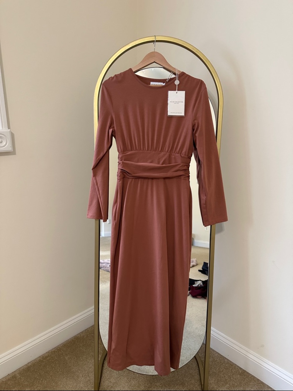 Long Sleeve Midi Dress in Rust with Waist Gather